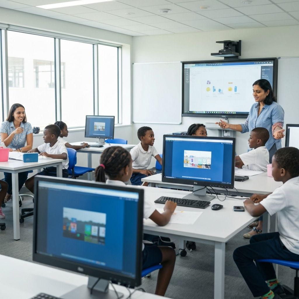 African children and teachers in modern digital classroom